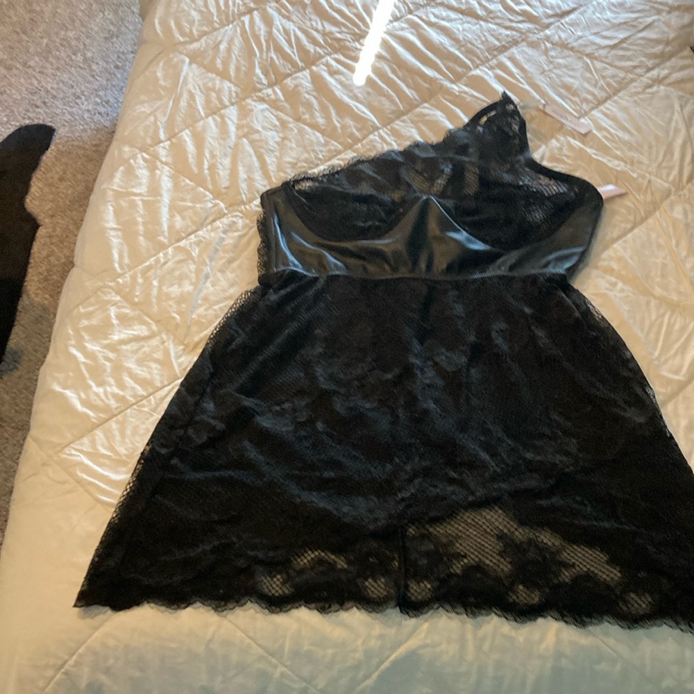 Victoria’s Secret lingerie dress. Black lace and faux leather see-through. NWT.